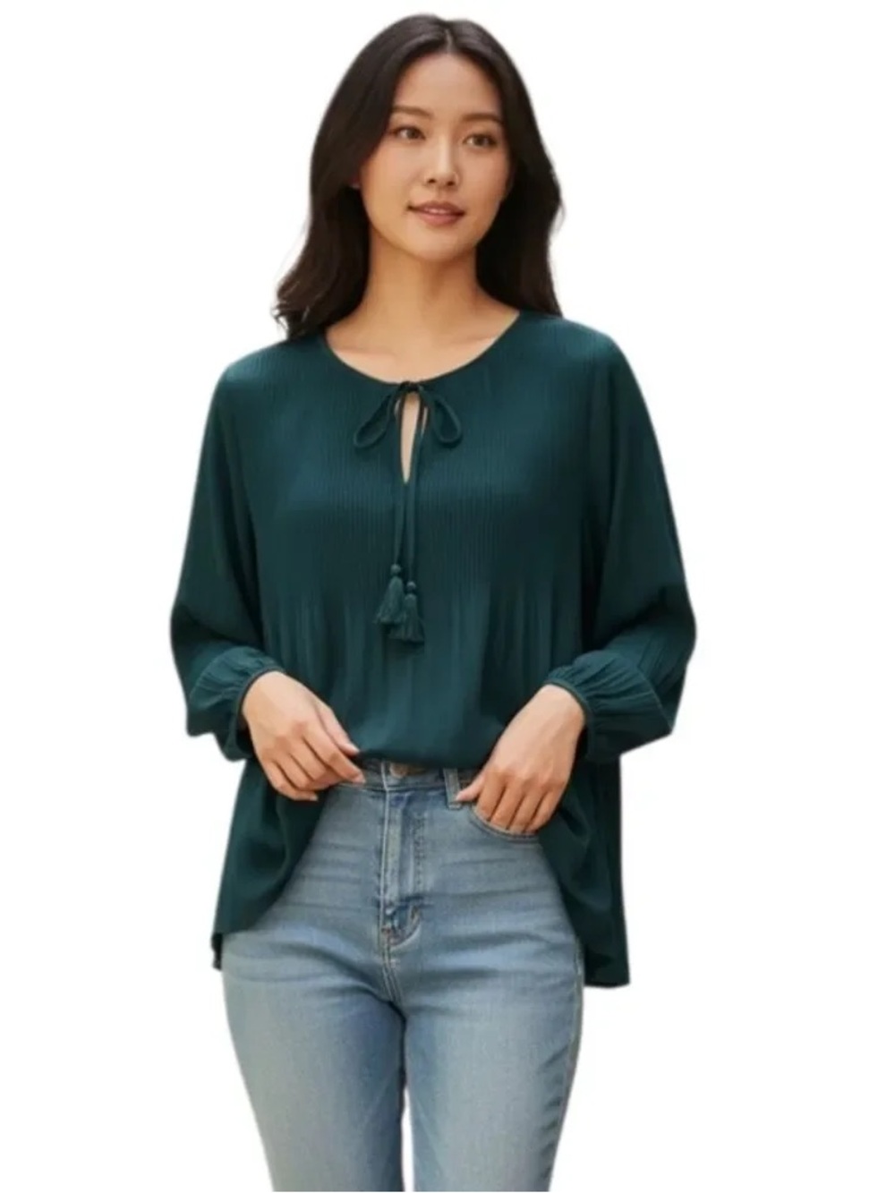 Women's Teal Tassel Tie Short-Sleeve Blouse